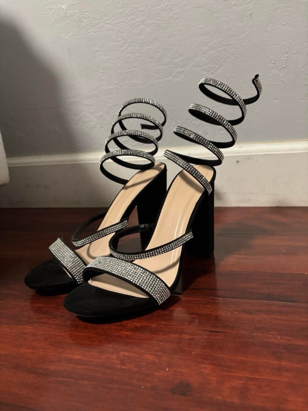 Black Rhinestone Spiral-Strap Block Heel Sandals